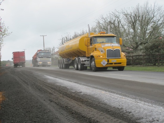 Greymouth's yellow tanker on their new stretch of Otaraoa Road